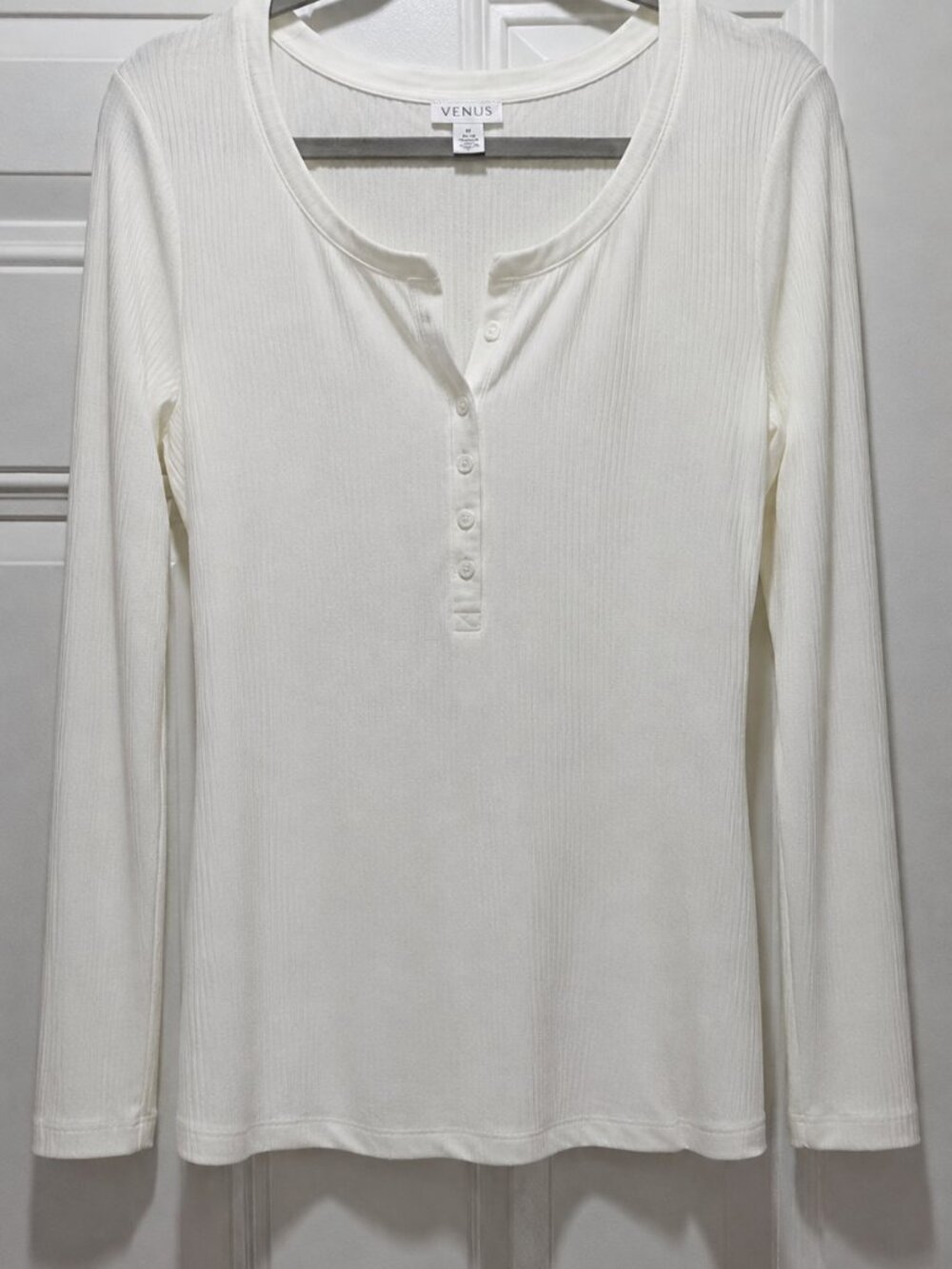 VENUS Women White Ribbed Henley Top Long Sleeve Lightweight Casual Blouse xl